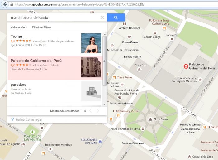 Google Maps dice que Martín Belaunde Lossio está en Palacio de Gobierno
