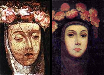 El retrato que Angelino Medoro hizo a las pocas horas de la muerte de Isabel (izq.) fue tomado como modelo por los futuros pintores de la beata, como el que vemos de un anónimo del siglo XVII (der.).