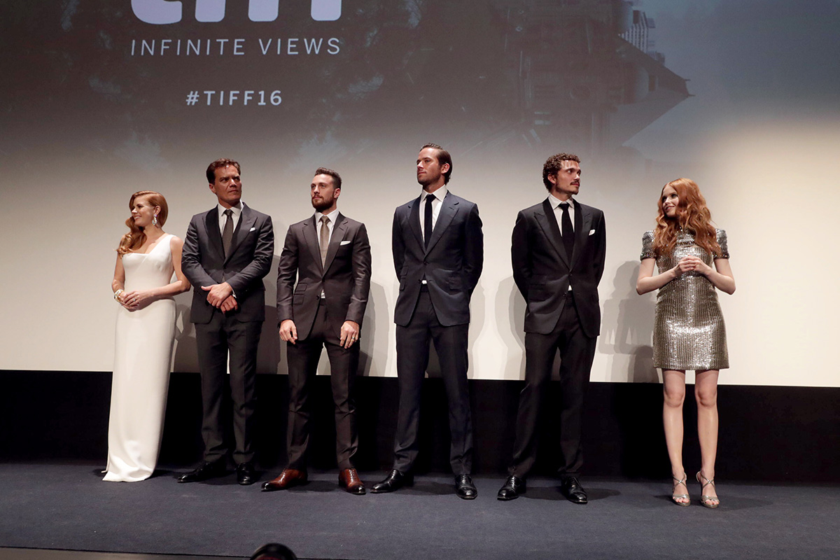 Amy Adams, Michael Shannon, Aaron Taylor-Johnson, Armie Hammer, Karl Glusman and Ellie Bamber seen at Focus Features "Nocturnal Animals" at the 2016 Toronto International Film Festival on Sunday, Sept. 11, 2016, in Toronto. (Photo by Eric Charbonneau/Invision for Focus Features/AP Images)