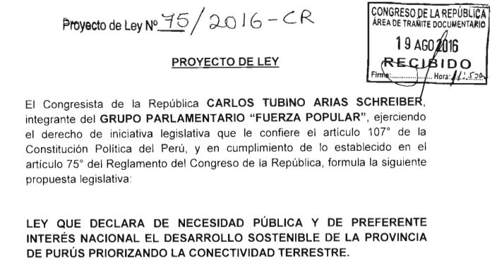 Proyecto de Ley presentado por el congresista Tubino