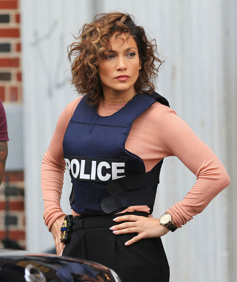 Jennifer Lopez dons a bulletproof vest on the filmset of her TV show 'Shades of Blue' in Bklyn, NY Pictured: Jennifer Lopez Ref: SPL1133809 220915 Picture by: XactpiX/Splash Splash News and Pictures Los Angeles:310-821-2666 New York:212-619-2666 London:870-934-2666 photodesk@splashnews.com 