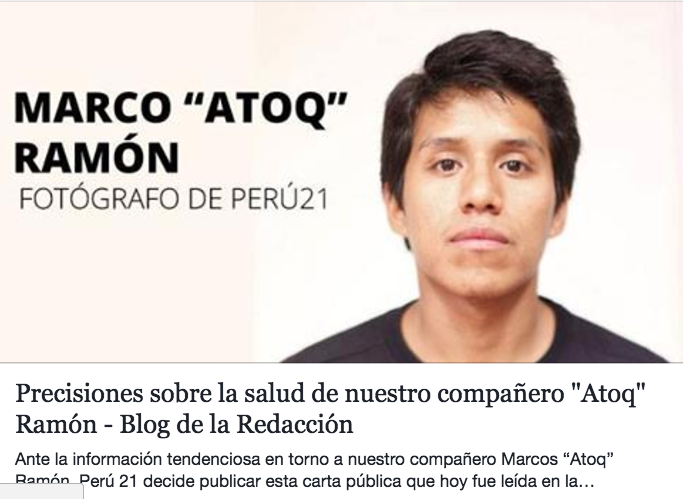 Portada del comunicado de Perú 21 sobre la situación de Atoq. Llama "tendencioso" el reclamo de la propia hermana del afectado.