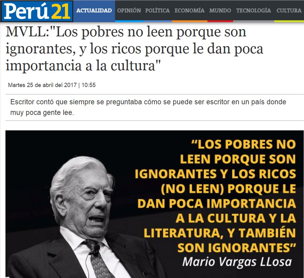 ¿Es Vargas Llosa un clasista? Imagen: captura Perú 21