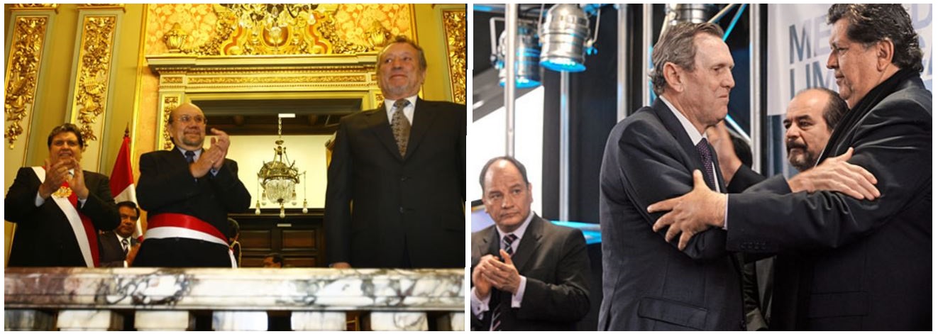 Izquierda: Alan y el viceministro de Cultura, Bernardo Roca Rey. Derecha: Alan y el más más de GyM, Pepe Graña. Imagen: composición