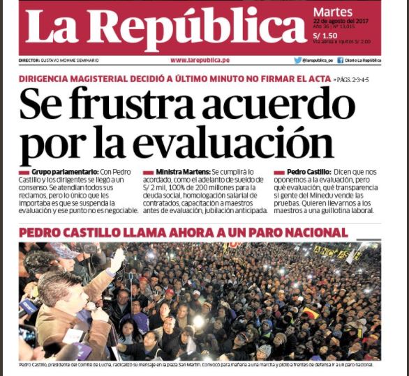 Parte de la portada de hoy de La Repu dedicada a la huelga de profesores. Imagen: La República