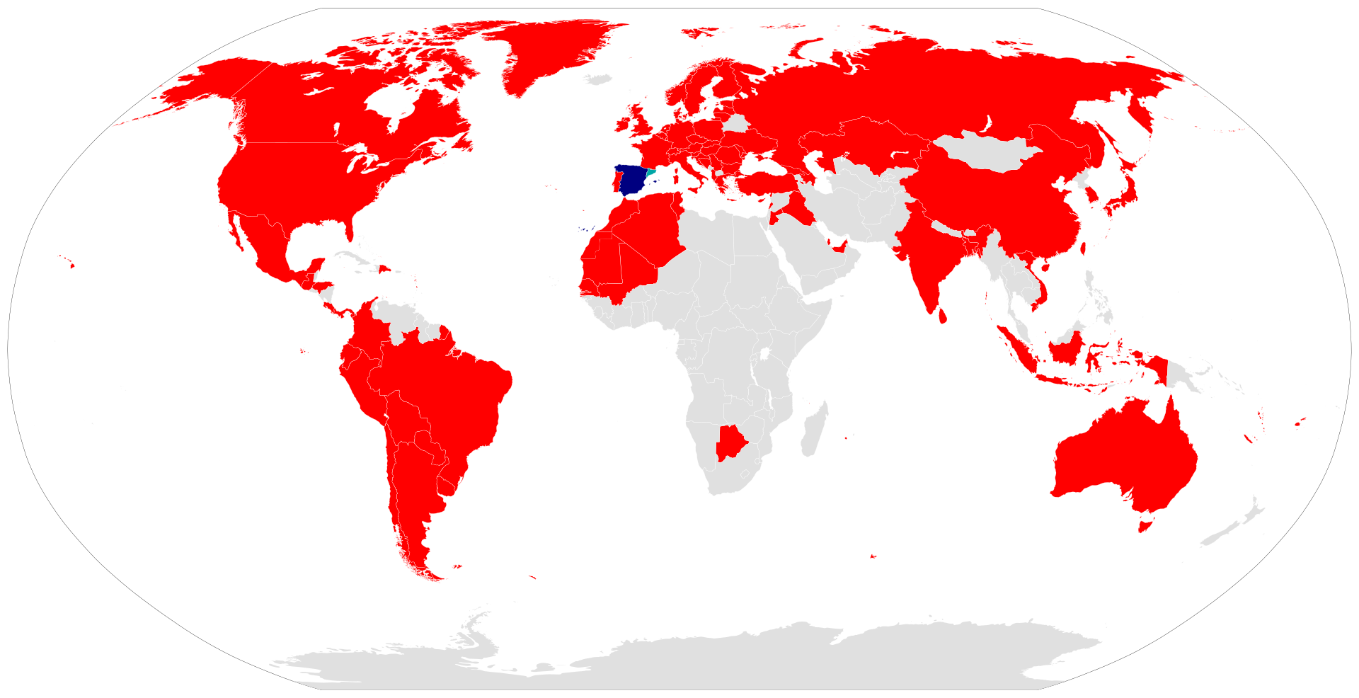 En rojo, países que expresamente no reconocen a Cataluña. En gris los que han decidido ignorar el tema. En verde, países que la reconocen. Fuente: el artículo sobre la República Catalana de 2017 en wikipedia 