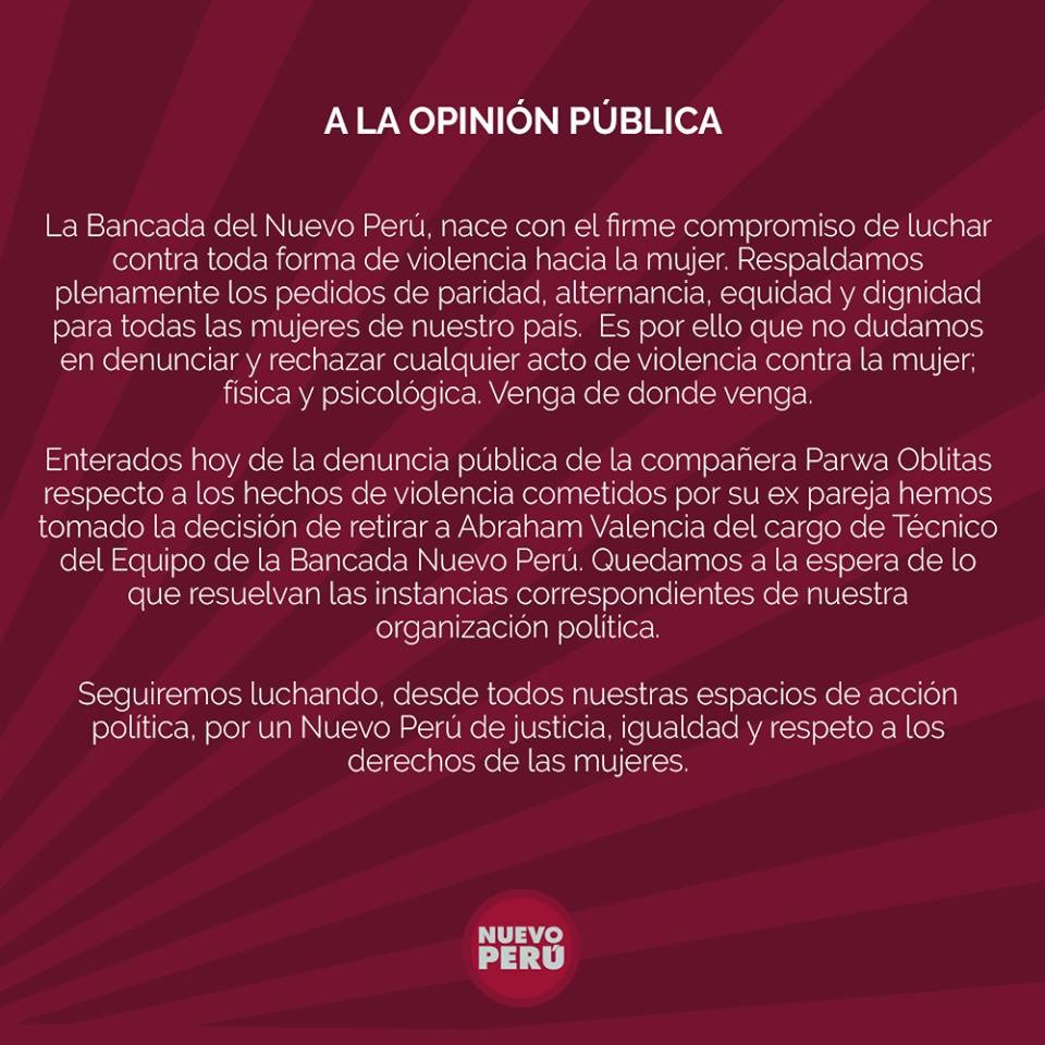 El comunicado del Nuevo Perú.