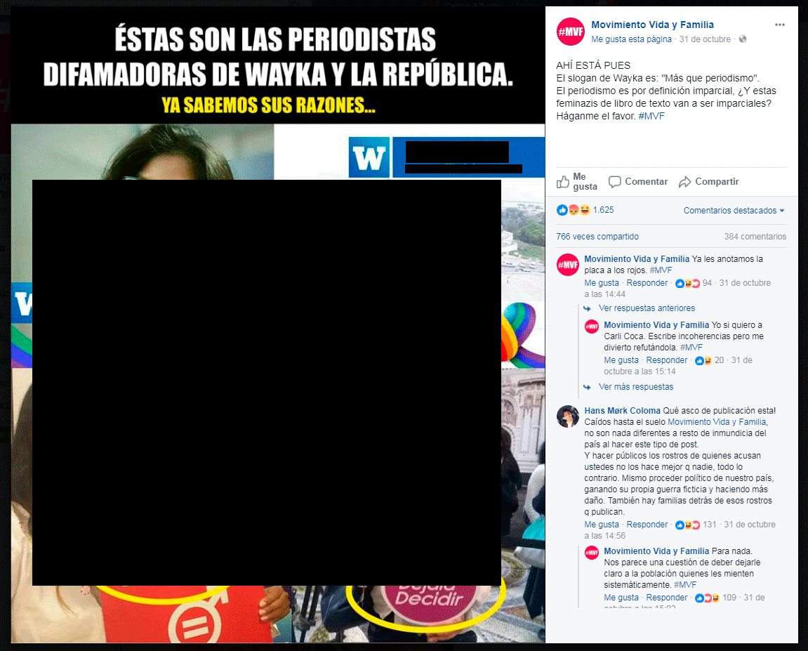 Este movimiento hizo una campaña para atacar a las periodistas que investigaron el patrimonio del pastor Rodolfo Gonzalez. Imagen: Facebook