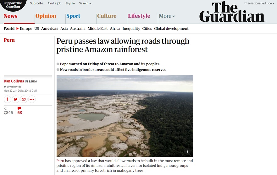 "Perú aprueba ley que permite carreteras a través de la prístina selva amazónica". Imagen: Captura web The Guardian