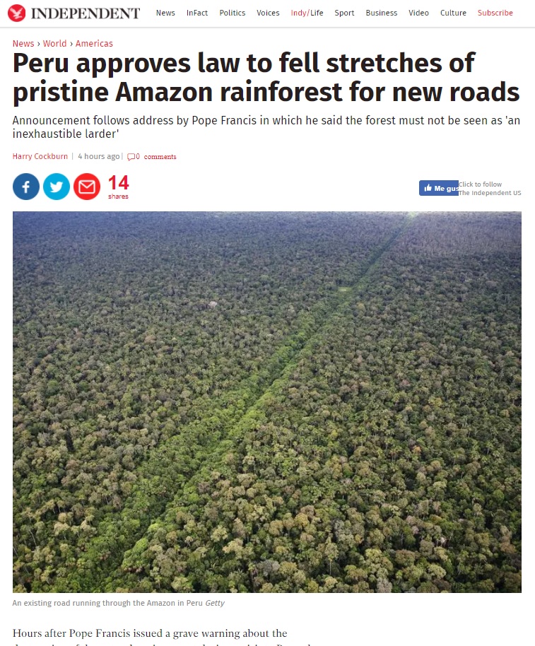 "Perú aprueba ley para reducir tramos de prístina selva amazónica para nuevas carreteras". Imagen: Captura web Independent