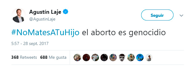 Para Agustín Laje: Aborto = Exterminio o eliminación sistemática de un grupo humano por motivo de raza, etnia, religión, política o nacionalidad.