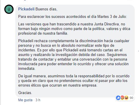 Respuesta de Pickadeli en el Facebook de 