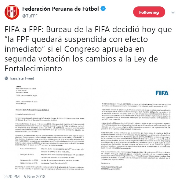 Dice la FPF que dice la FIFA que el Congreso se calme. Foto: Captura / Twitter