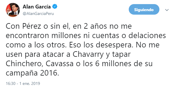 Está claro que Alan García se jugó con todo el apoyo a Chávarry. Foto: Captura / Twitter