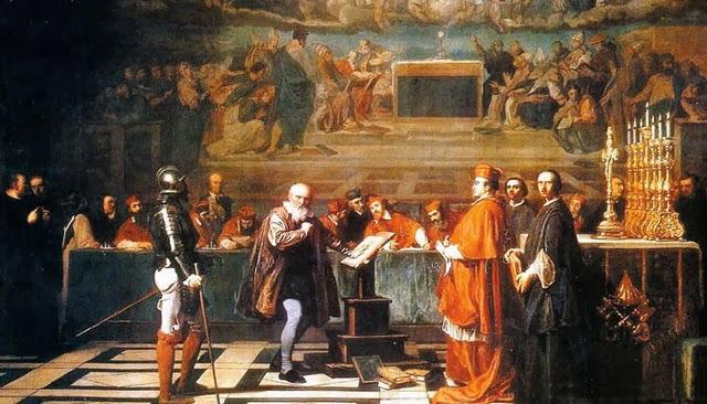 Galileo Galileo ante el Santo Oficio del pintor francés Joselph-Nicolas Robert Fleury. El caso del "padre de la ciencia moderna" es un ejemplo característico de la relación fe y razón. La Iglesia condenó a Galileo porque sus estudios contradecían la posición astronómica de la fe cristiana.
