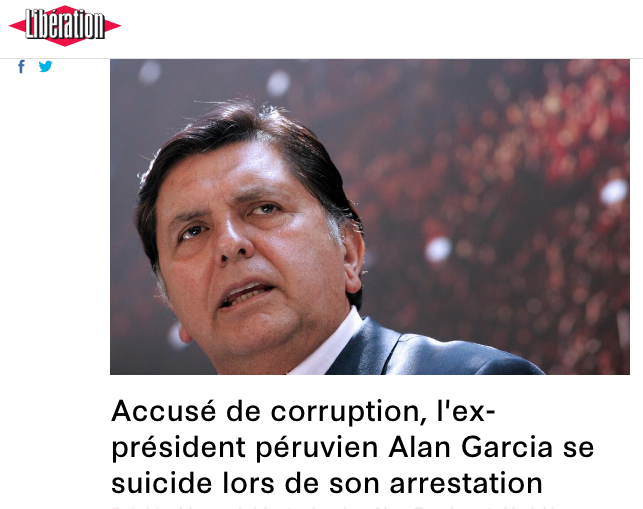 "Acusado de corrupción, el expresidente del Perú, Alan García, se suicida durante su arresto". Imagen: captura web