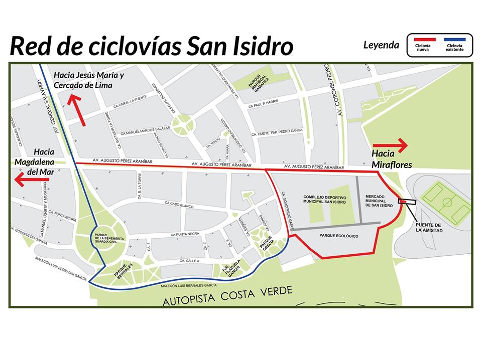 La linea azul es la ciclovía existente. La línea roja es la ciclovía propuesta por Cáceres. Un absurdo total. 