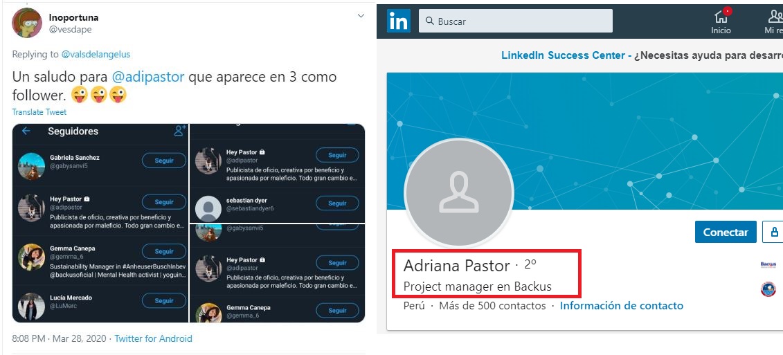 Adi Pastor seguía a tres de las cuentas fakes. Encontramos que Adriana Pastor es project manager de Backus. Imagen: Captura Twitter