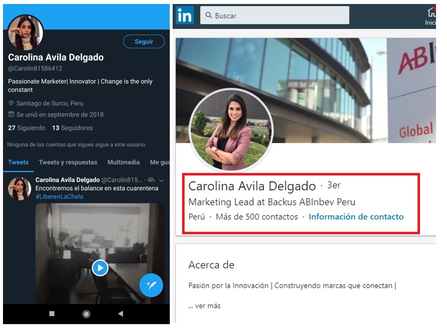 Carolina Avila Delgado trabaja en el área de Márketing de Backus-ABInbev Perú y no solo movió el HT, sino también seguía a la cuenta fake @DanielB2796. Imagen: Captura Twitter