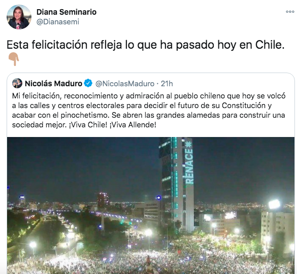 No. Esto no prueba nada. Ni siquiera Maduro sabe lo que pasará en Chile. Imagen: captura Twitter
