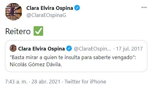 Ospina publicó este tuit el mismo día que los fujimoristas en Twitter celebraban su caída.