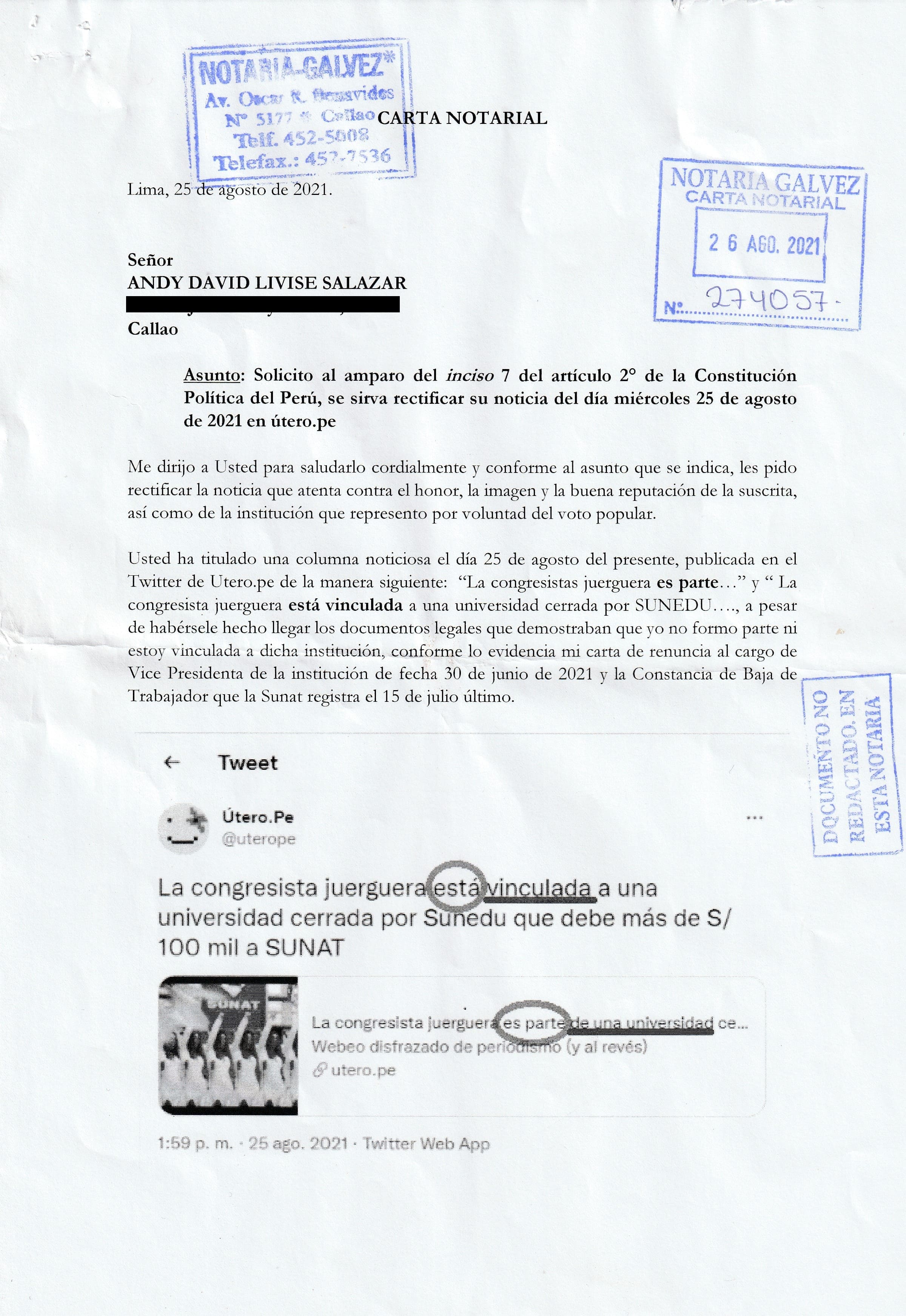 Carta notarial enviada por Amuruz.