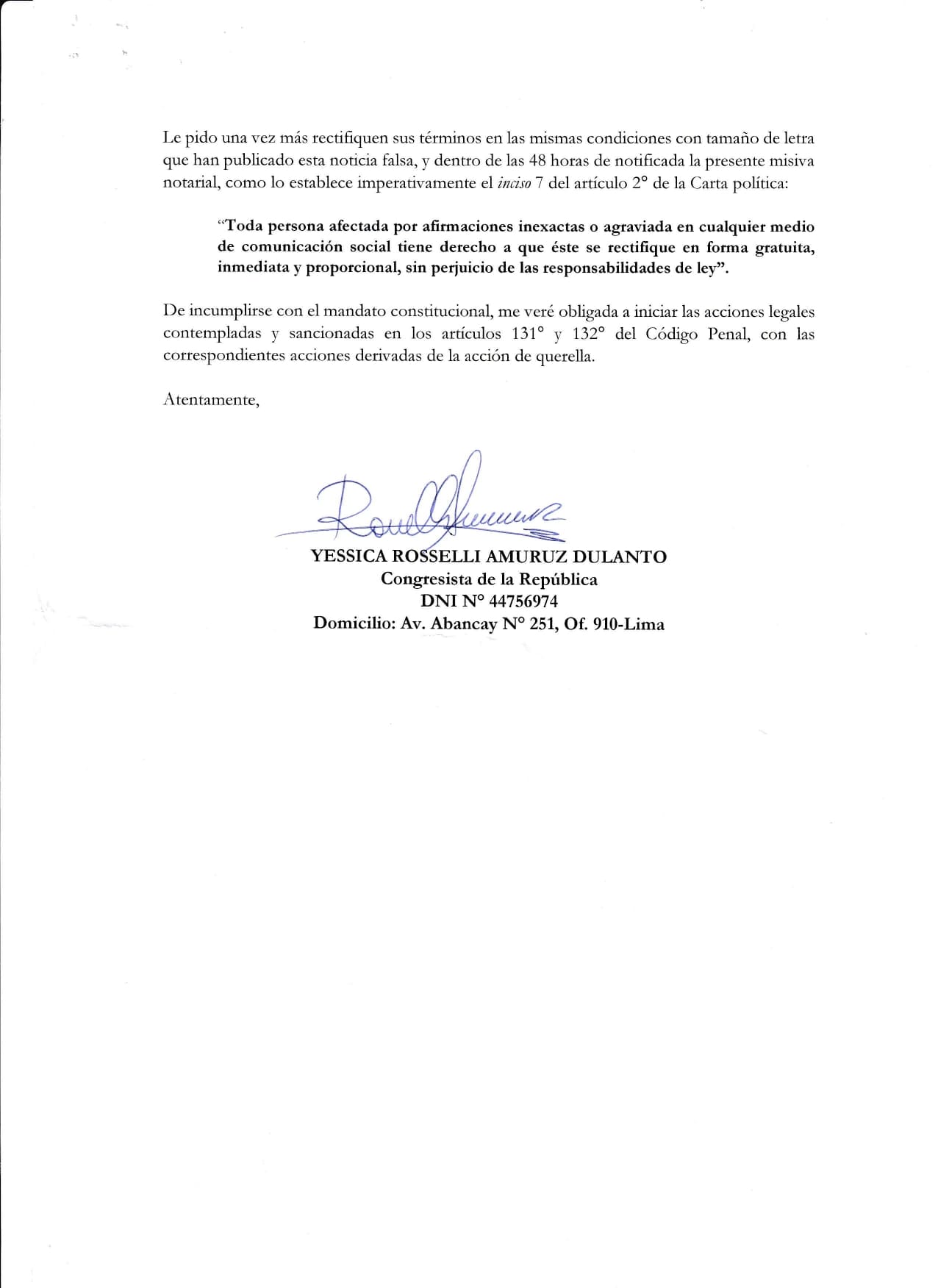 Carta notarial enviada por la congresista juerguera.